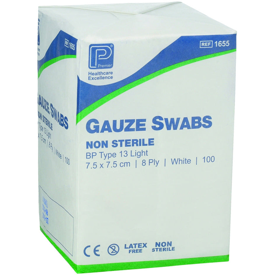 Gauze Swabs 7.5 × 7.5cm 8-Ply Non-Sterile (Pack of 100)